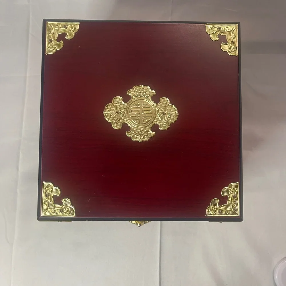 Korean Wooden Jewelry Box Mahogany Finish Gold Brass Hardware Calligraphy Lining